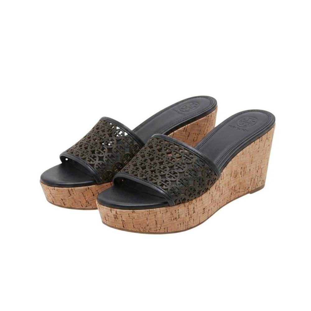 Tory Burch Elaine Black Cork Wedge Platform Sandals Logo Strap Size 8